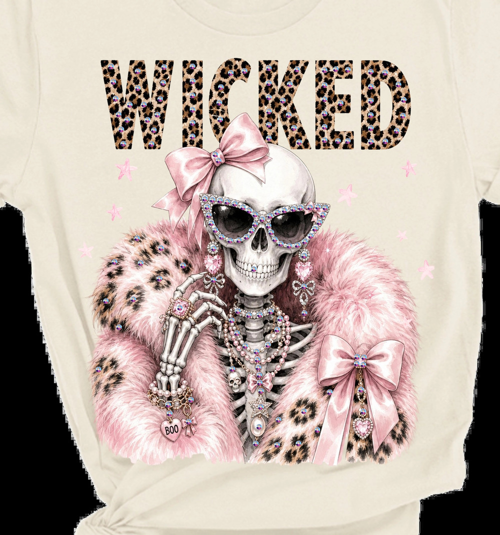 H124 Natural | Wicked Skeleton Blinby Rhinestone Graphic Tee | Sizes S-3XL